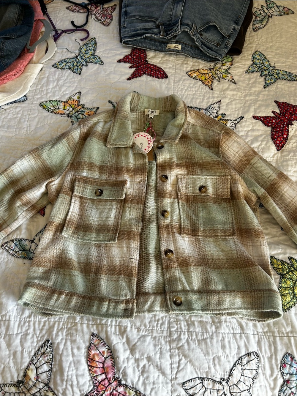 Plaid Button-Front Shacket Jacket in Sage and Tan - Women